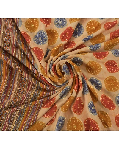 Sanskriti Vintage Cream Sarees Pure Crepe Silk Fabric Hand Embroider Kantha Sari, PS-51989-Cream-Thread Work-100% Pure Crepe Silk-6