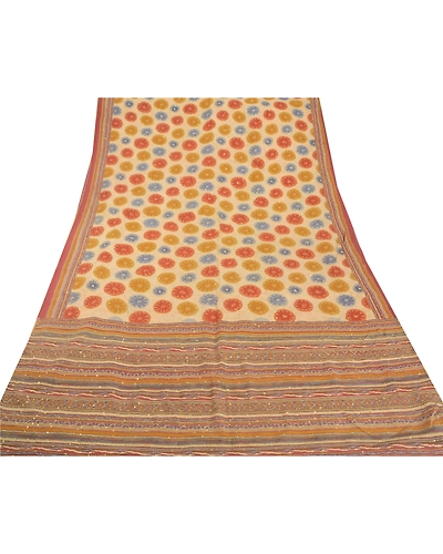 Sanskriti Vintage Cream Sarees Pure Crepe Silk Fabric Hand Embroider Kantha Sari, PS-51989-Cream-Thread Work-100% Pure Crepe Silk-7