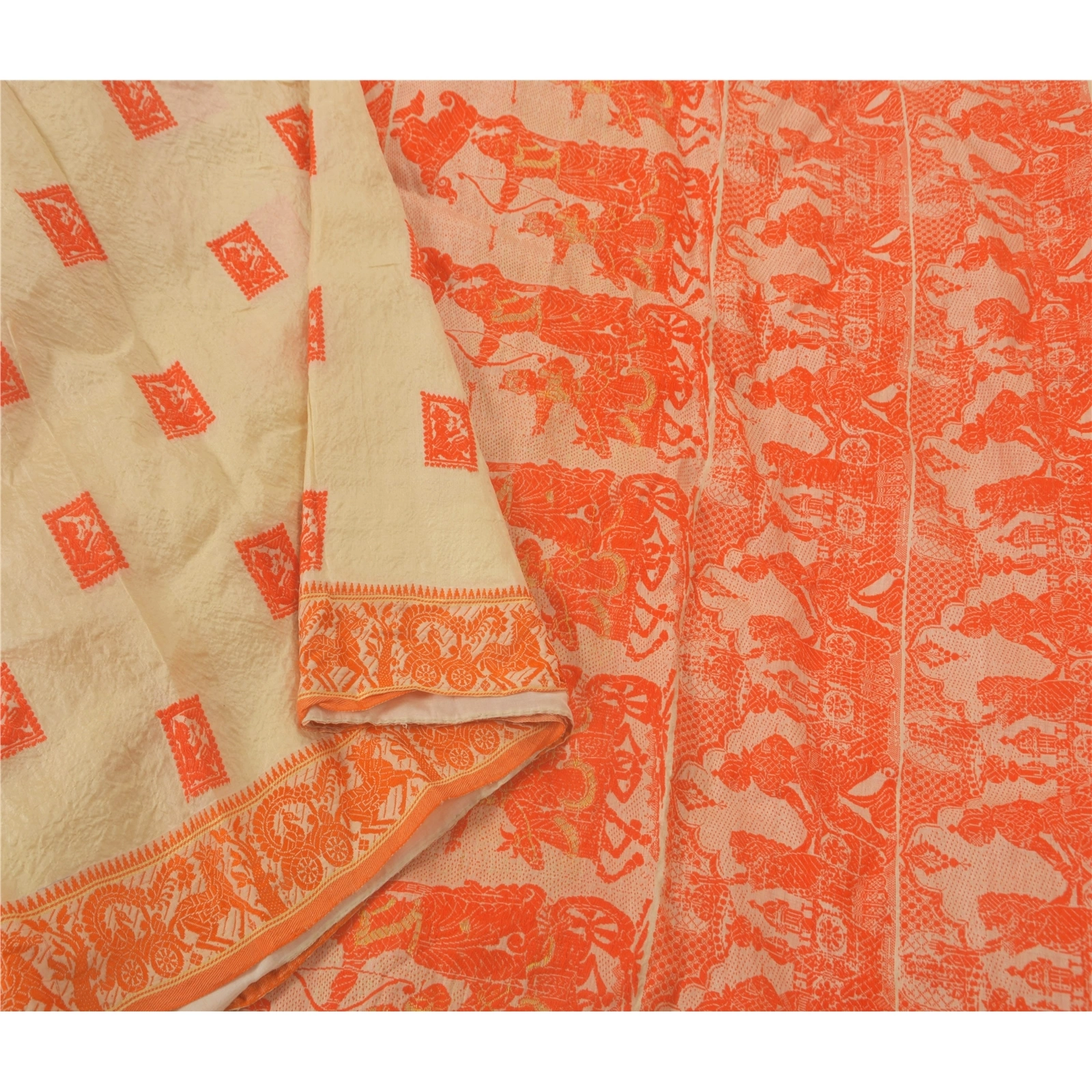 Sanskriti Vintage Cream Sarees Pure Silk Craft 5 Yd Fabric Woven Baluchari Sari, PS-51999-Cream-Woven Work-100% Pure Silk-1