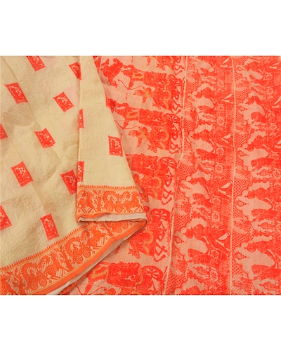 Sanskriti Vintage Cream Sarees Pure Silk Craft 5 Yd Fabric Woven Baluchari Sari, PS-51999-Cream-Woven Work-100% Pure Silk-1