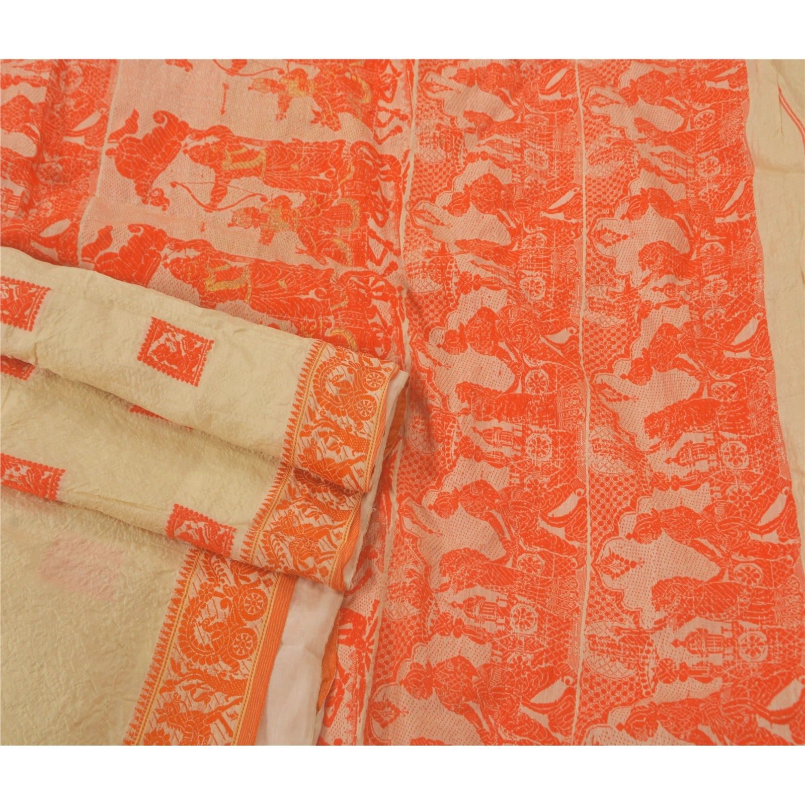 Sanskriti Vintage Cream Sarees Pure Silk Craft 5 Yd Fabric Woven Baluchari Sari, PS-51999-Cream-Woven Work-100% Pure Silk-2