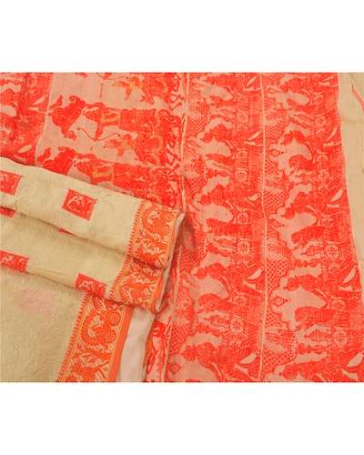Sanskriti Vintage Cream Sarees Pure Silk Craft 5 Yd Fabric Woven Baluchari Sari, PS-51999-Cream-Woven Work-100% Pure Silk-2