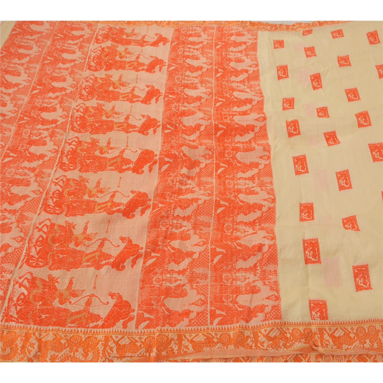 Sanskriti Vintage Cream Sarees Pure Silk Craft 5 Yd Fabric Woven Baluchari Sari, PS-51999-Cream-Woven Work-100% Pure Silk-4