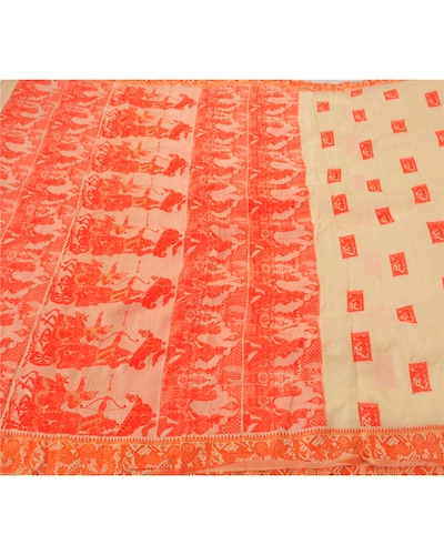 Sanskriti Vintage Cream Sarees Pure Silk Craft 5 Yd Fabric Woven Baluchari Sari, PS-51999-Cream-Woven Work-100% Pure Silk-4
