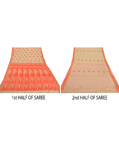 Sanskriti Vintage Cream Sarees Pure Silk Craft 5 Yd Fabric Woven Baluchari Sari, PS-51999-Cream-Woven Work-100% Pure Silk-5
