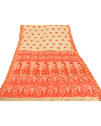 Sanskriti Vintage Cream Sarees Pure Silk Craft 5 Yd Fabric Woven Baluchari Sari, PS-51999-Cream-Woven Work-100% Pure Silk-8