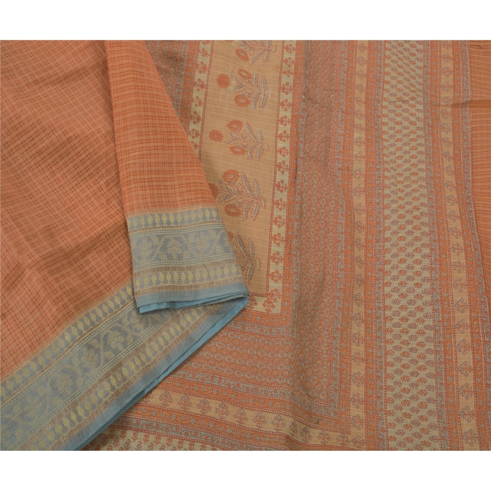 Sanskriti Vintage Peach Sarees Blend Silk Printed Craft 5 Yd Fabric Kota Sari, PS-52102-Peach-Kota Work-Blend Silk-1