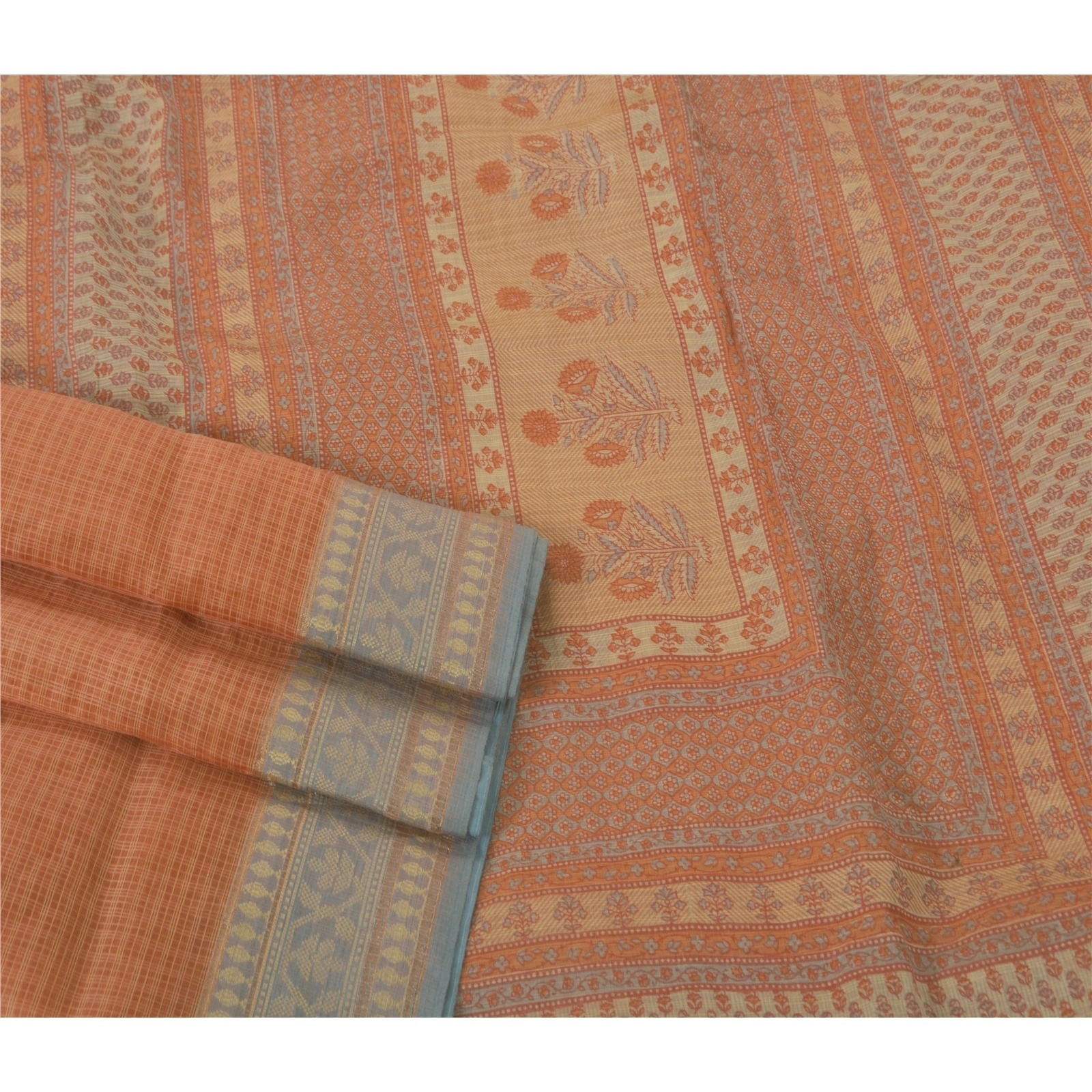 Sanskriti Vintage Peach Sarees Blend Silk Printed Craft 5 Yd Fabric Kota Sari, PS-52102-Peach-Kota Work-Blend Silk-2