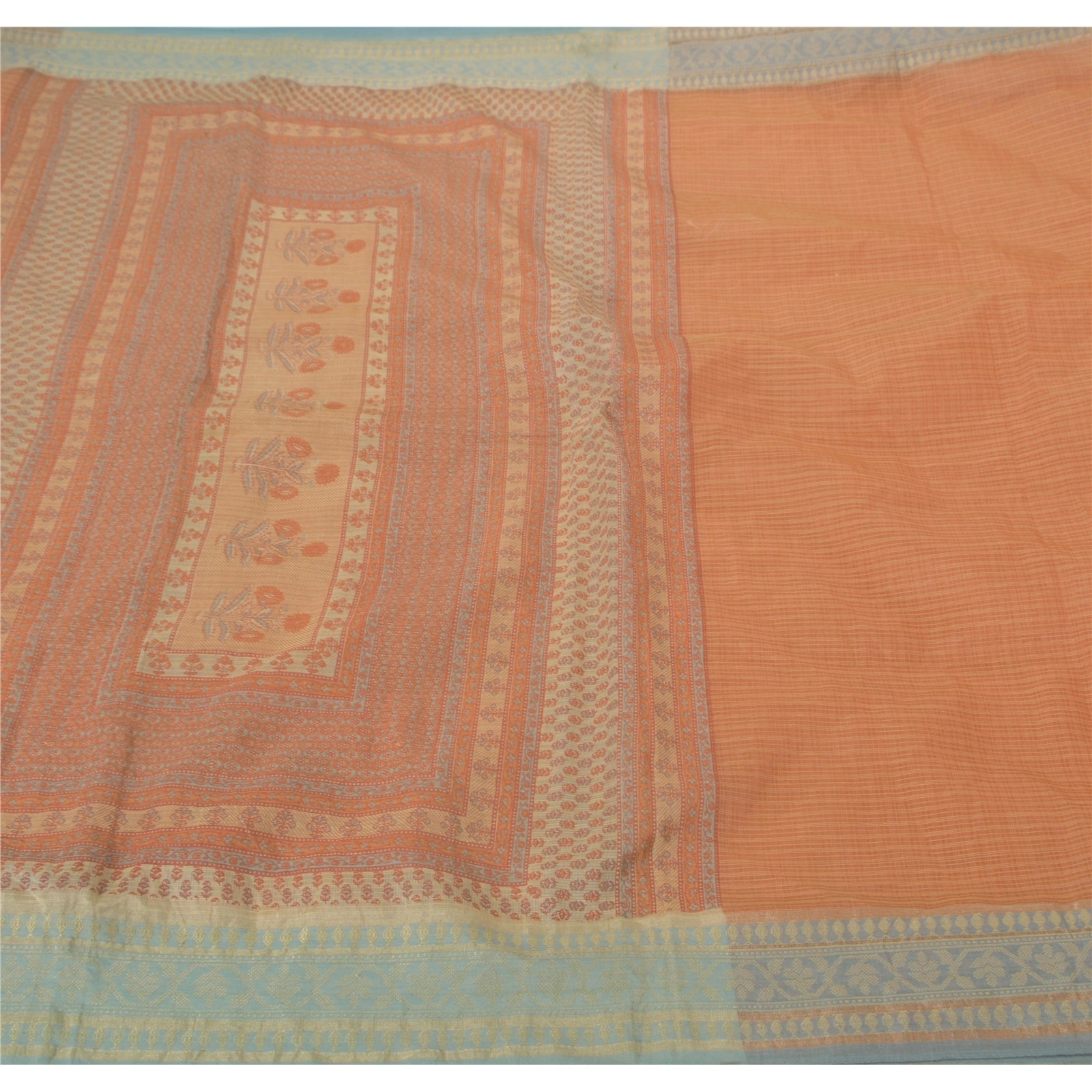 Sanskriti Vintage Peach Sarees Blend Silk Printed Craft 5 Yd Fabric Kota Sari, PS-52102-Peach-Kota Work-Blend Silk-5