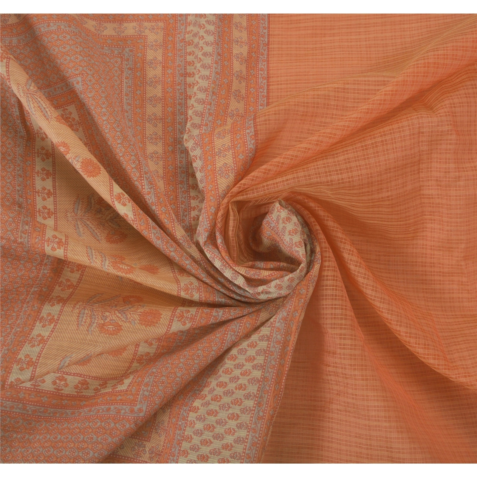 Sanskriti Vintage Peach Sarees Blend Silk Printed Craft 5 Yd Fabric Kota Sari, PS-52102-Peach-Kota Work-Blend Silk-6