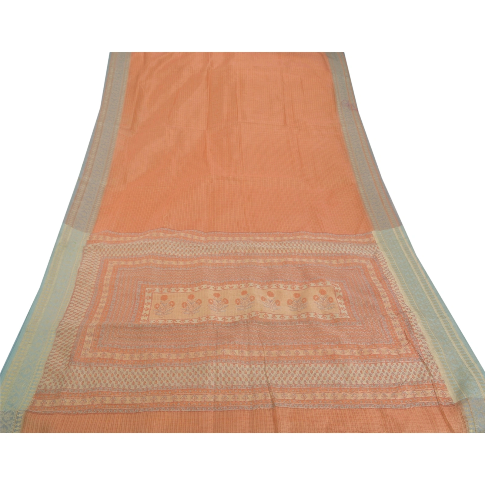 Sanskriti Vintage Peach Sarees Blend Silk Printed Craft 5 Yd Fabric Kota Sari, PS-52102-Peach-Kota Work-Blend Silk-7