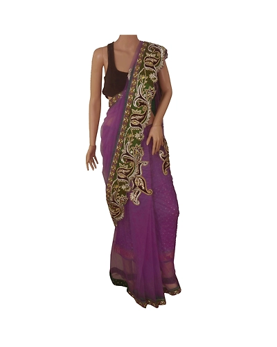Sanskriti Vintage Purple Net Mesh Sarees Hand Beaded Craft Fabric Ethnic Sari, PS-52131-Purple-Zircon/Zardozi/Mukesh Work-Net Mesh-1