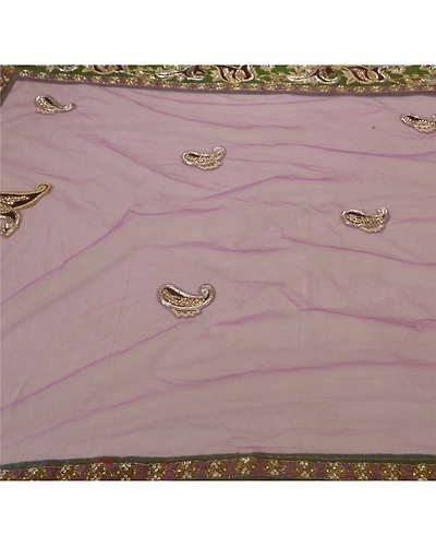 Sanskriti Vintage Purple Net Mesh Sarees Hand Beaded Craft Fabric Ethnic Sari, PS-52131-Purple-Zircon/Zardozi/Mukesh Work-Net Mesh-3