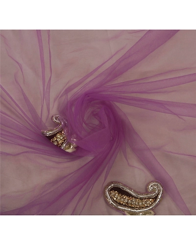 Sanskriti Vintage Purple Net Mesh Sarees Hand Beaded Craft Fabric Ethnic Sari, PS-52131-Purple-Zircon/Zardozi/Mukesh Work-Net Mesh-4