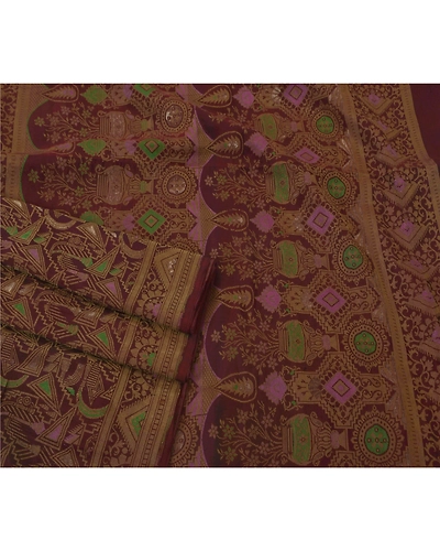 Sanskriti Vintage Dark Red Indian Sari Pure Silk Woven Craft Fabric Sarees, PS-52150-Dark Red-Woven Work-100% Pure Silk-2