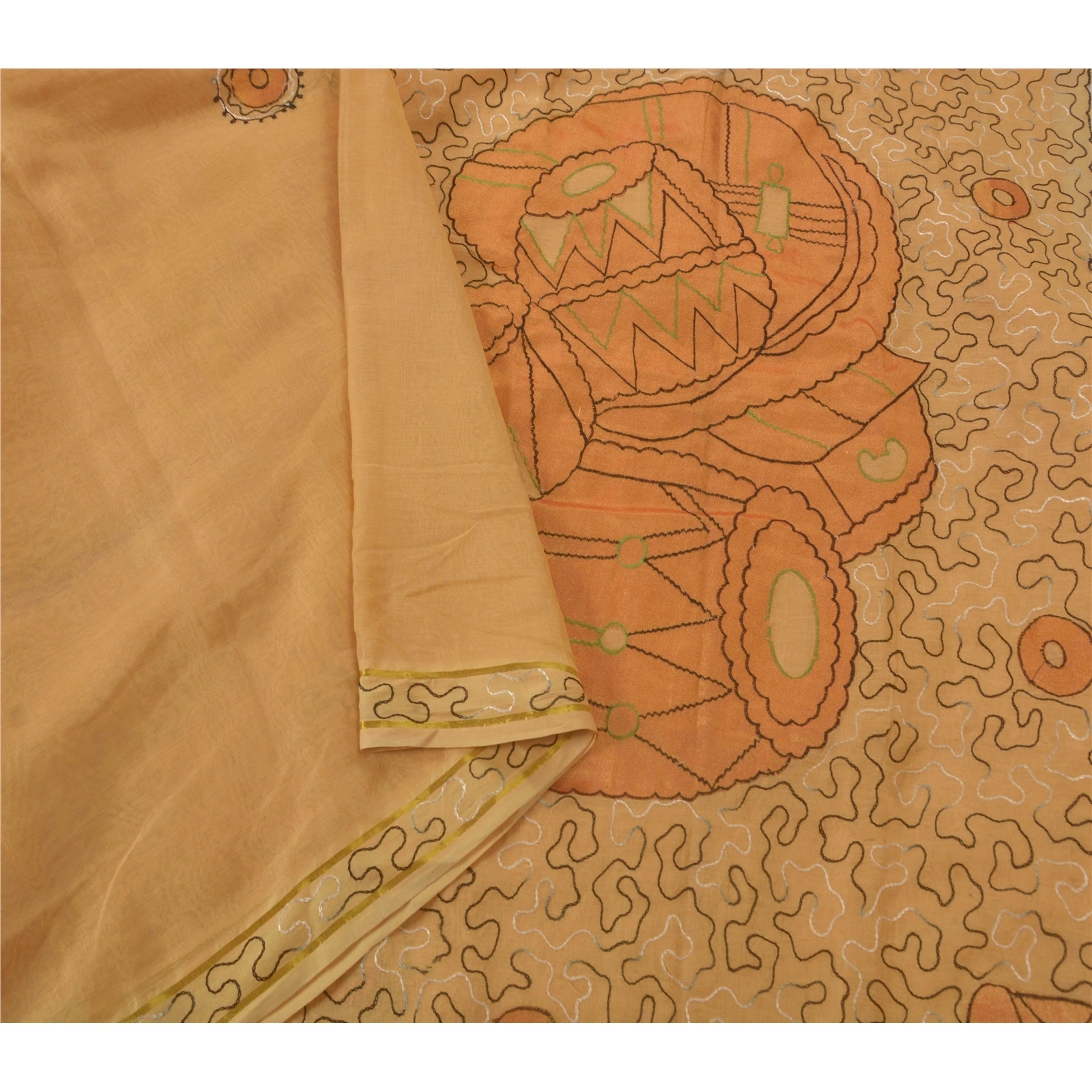 Sanskriti Vintage Cream Sarees Blend Silk Fabric Hand Embroidered Ari Work Sari, PS-52219-Cream-Thread/Patch Work-Blend Silk-1