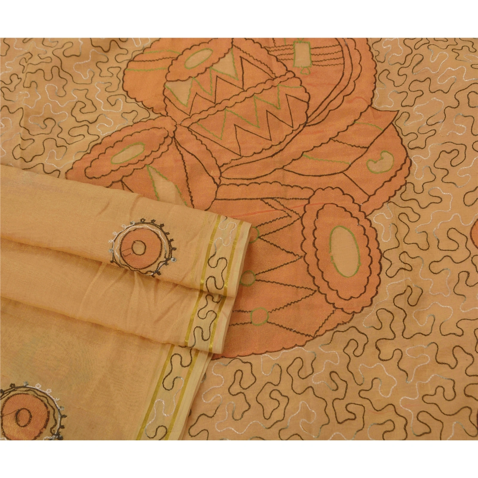 Sanskriti Vintage Cream Sarees Blend Silk Fabric Hand Embroidered Ari Work Sari, PS-52219-Cream-Thread/Patch Work-Blend Silk-2