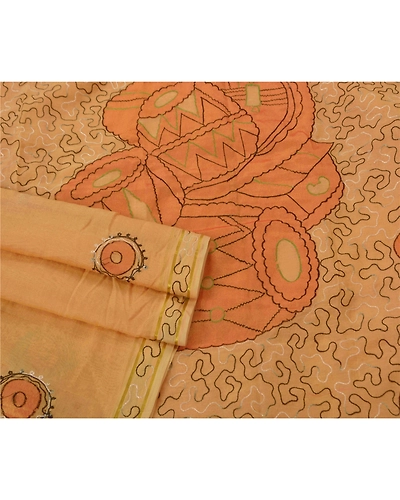 Sanskriti Vintage Cream Sarees Blend Silk Fabric Hand Embroidered Ari Work Sari, PS-52219-Cream-Thread/Patch Work-Blend Silk-2