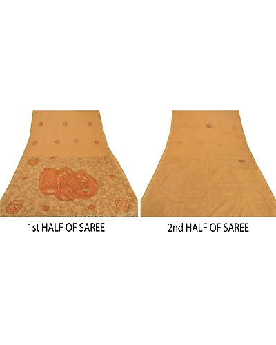 Sanskriti Vintage Cream Sarees Blend Silk Fabric Hand Embroidered Ari Work Sari, PS-52219-Cream-Thread/Patch Work-Blend Silk-4