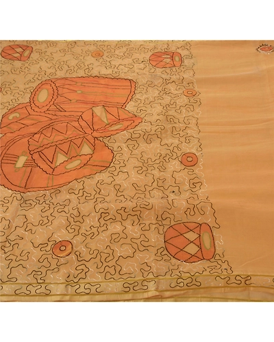 Sanskriti Vintage Cream Sarees Blend Silk Fabric Hand Embroidered Ari Work Sari, PS-52219-Cream-Thread/Patch Work-Blend Silk-5