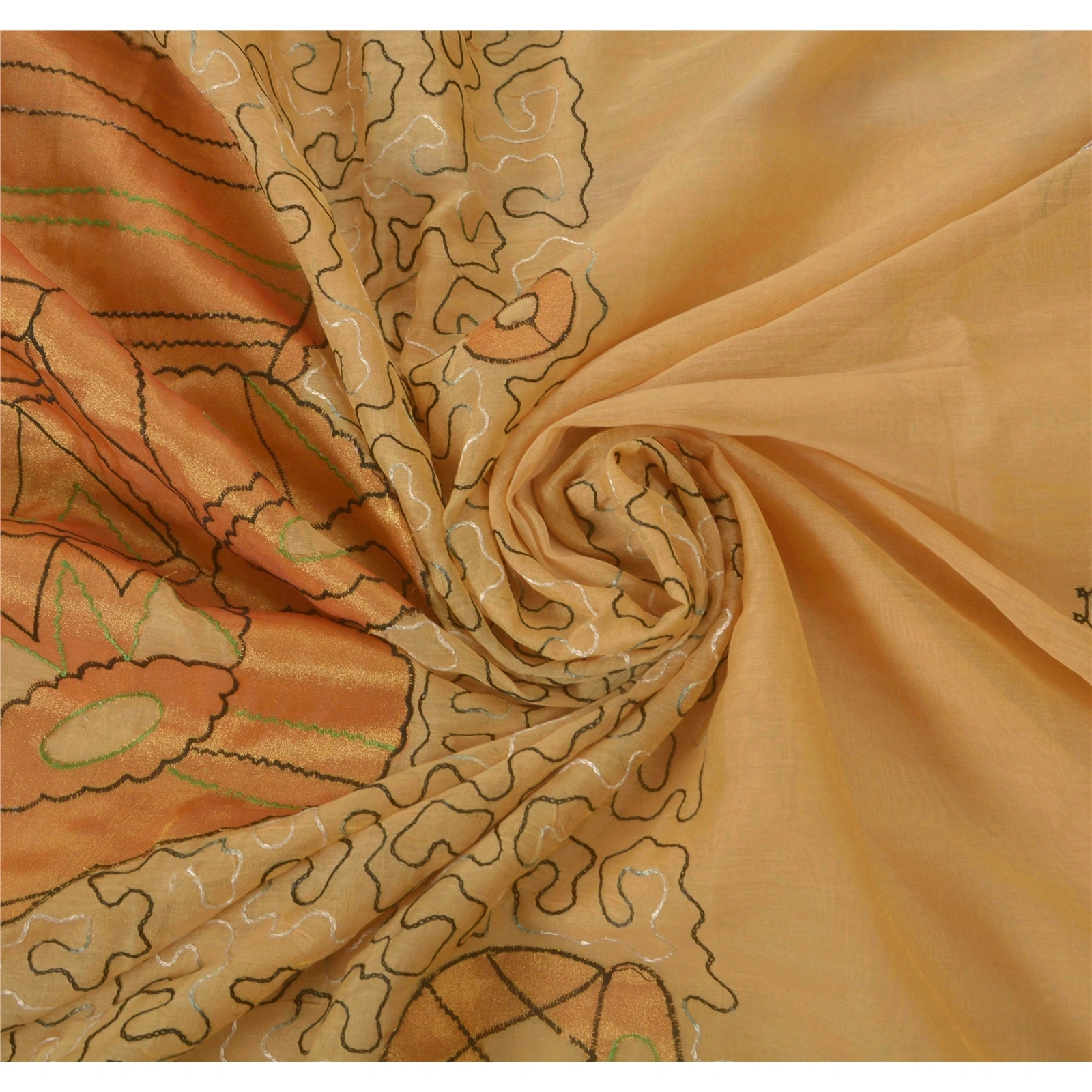 Sanskriti Vintage Cream Sarees Blend Silk Fabric Hand Embroidered Ari Work Sari, PS-52219-Cream-Thread/Patch Work-Blend Silk-6