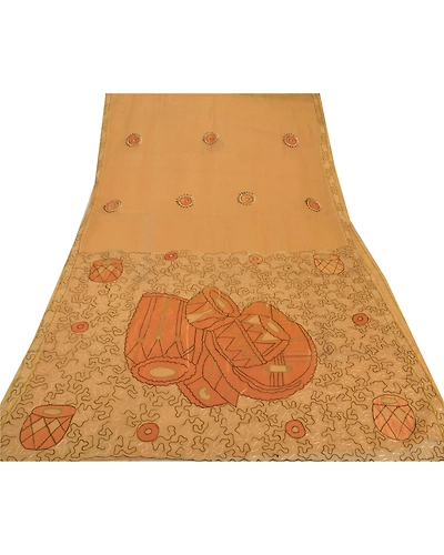 Sanskriti Vintage Cream Sarees Blend Silk Fabric Hand Embroidered Ari Work Sari, PS-52219-Cream-Thread/Patch Work-Blend Silk-7