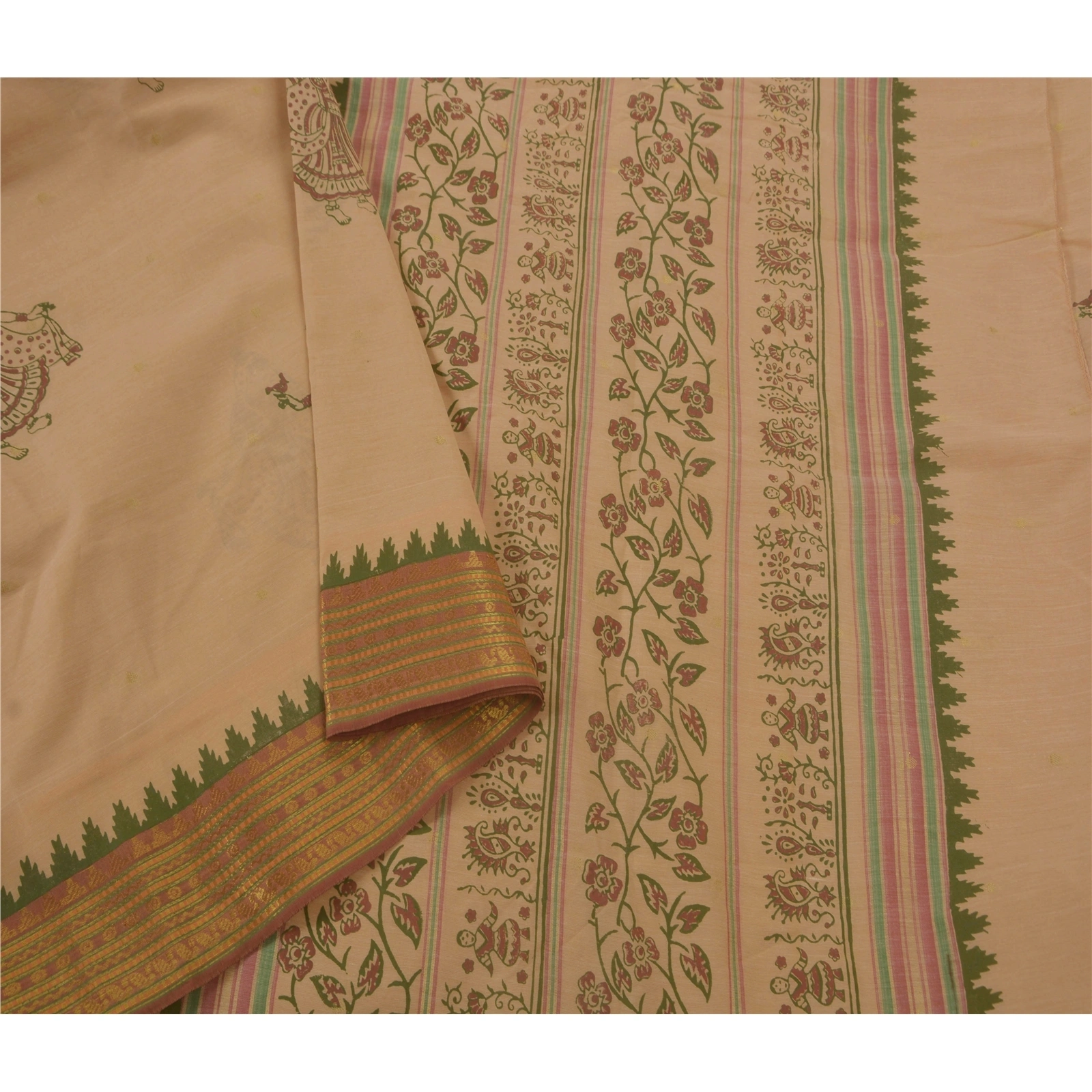 Sanskriti Vintage Cream Sarees Cotton Block Print Zari Woven Craft Fabric Sari, PS-52244-Cream-Block Print/Zari Woven Work-Cotton-1