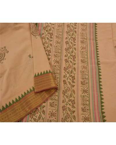Sanskriti Vintage Cream Sarees Cotton Block Print Zari Woven Craft Fabric Sari, PS-52244-Cream-Block Print/Zari Woven Work-Cotton-1