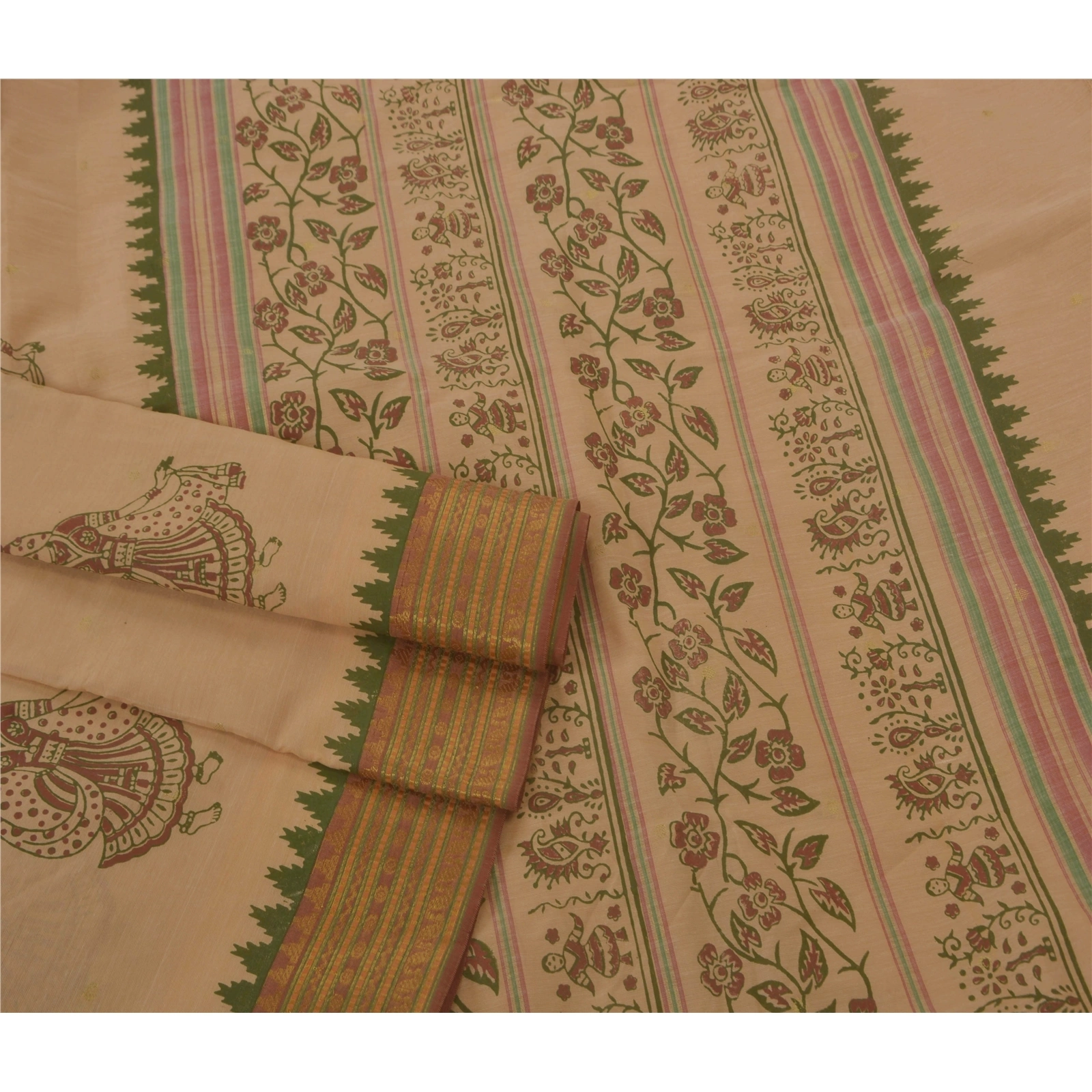 Sanskriti Vintage Cream Sarees Cotton Block Print Zari Woven Craft Fabric Sari, PS-52244-Cream-Block Print/Zari Woven Work-Cotton-2