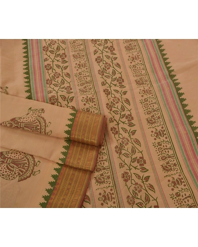 Sanskriti Vintage Cream Sarees Cotton Block Print Zari Woven Craft Fabric Sari, PS-52244-Cream-Block Print/Zari Woven Work-Cotton-2