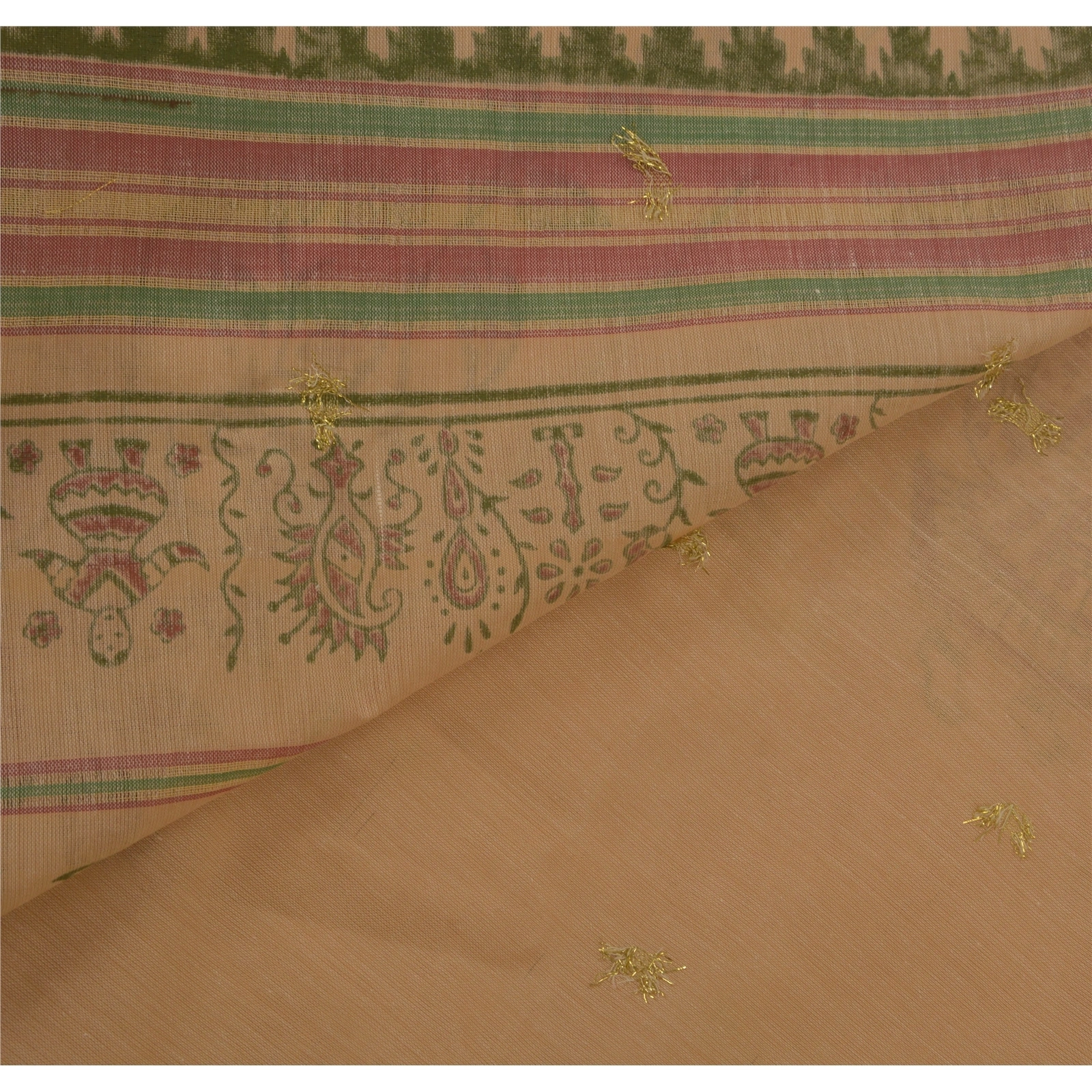 Sanskriti Vintage Cream Sarees Cotton Block Print Zari Woven Craft Fabric Sari, PS-52244-Cream-Block Print/Zari Woven Work-Cotton-3