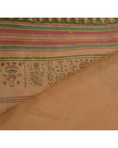 Sanskriti Vintage Cream Sarees Cotton Block Print Zari Woven Craft Fabric Sari, PS-52244-Cream-Block Print/Zari Woven Work-Cotton-3