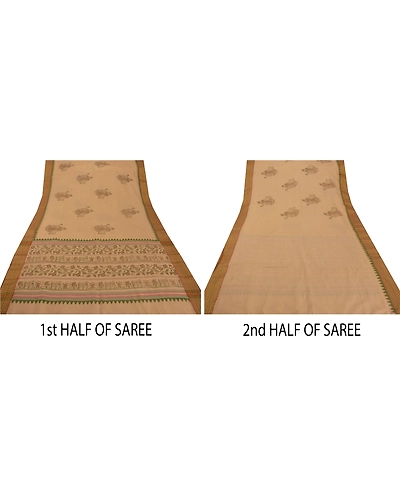 Sanskriti Vintage Cream Sarees Cotton Block Print Zari Woven Craft Fabric Sari, PS-52244-Cream-Block Print/Zari Woven Work-Cotton-4