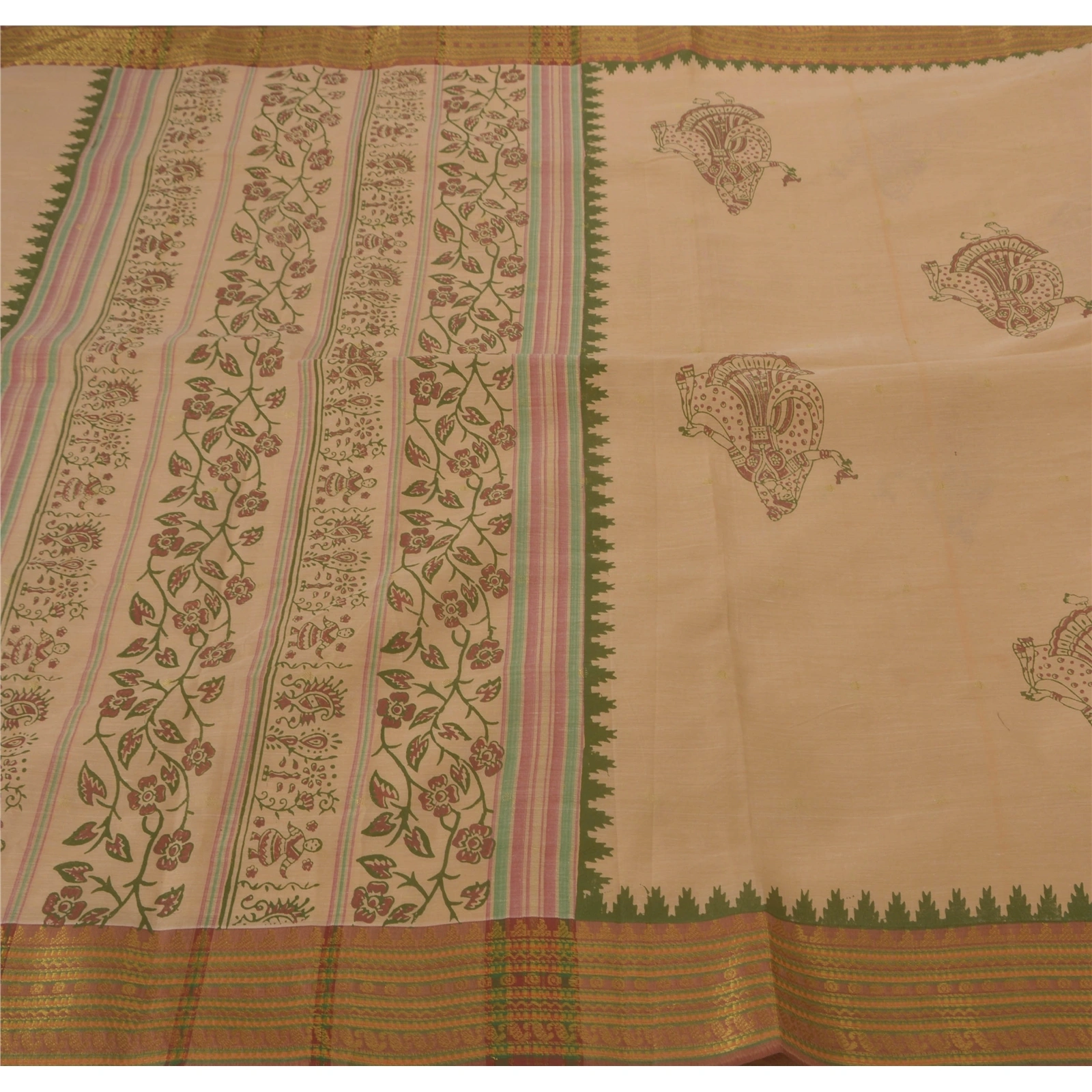 Sanskriti Vintage Cream Sarees Cotton Block Print Zari Woven Craft Fabric Sari, PS-52244-Cream-Block Print/Zari Woven Work-Cotton-5