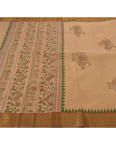 Sanskriti Vintage Cream Sarees Cotton Block Print Zari Woven Craft Fabric Sari, PS-52244-Cream-Block Print/Zari Woven Work-Cotton-5