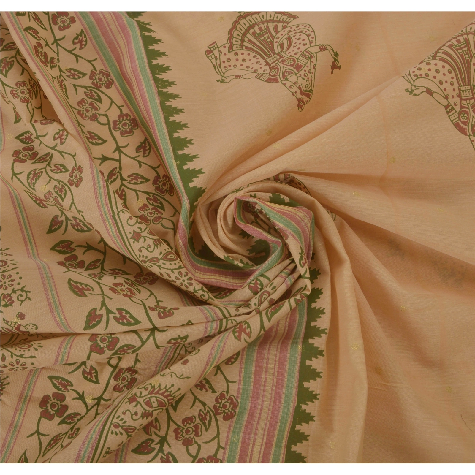 Sanskriti Vintage Cream Sarees Cotton Block Print Zari Woven Craft Fabric Sari, PS-52244-Cream-Block Print/Zari Woven Work-Cotton-6