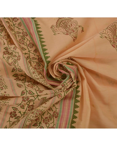 Sanskriti Vintage Cream Sarees Cotton Block Print Zari Woven Craft Fabric Sari, PS-52244-Cream-Block Print/Zari Woven Work-Cotton-6
