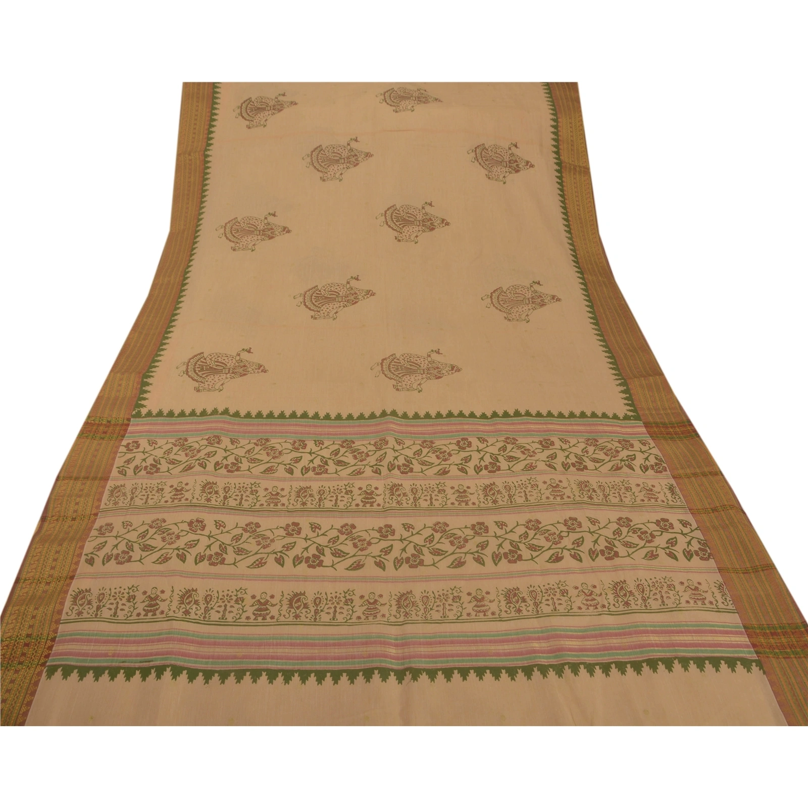 Sanskriti Vintage Cream Sarees Cotton Block Print Zari Woven Craft Fabric Sari, PS-52244-Cream-Block Print/Zari Woven Work-Cotton-7