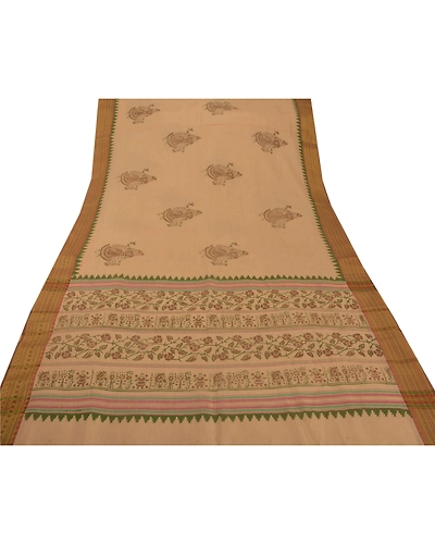 Sanskriti Vintage Cream Sarees Cotton Block Print Zari Woven Craft Fabric Sari, PS-52244-Cream-Block Print/Zari Woven Work-Cotton-7