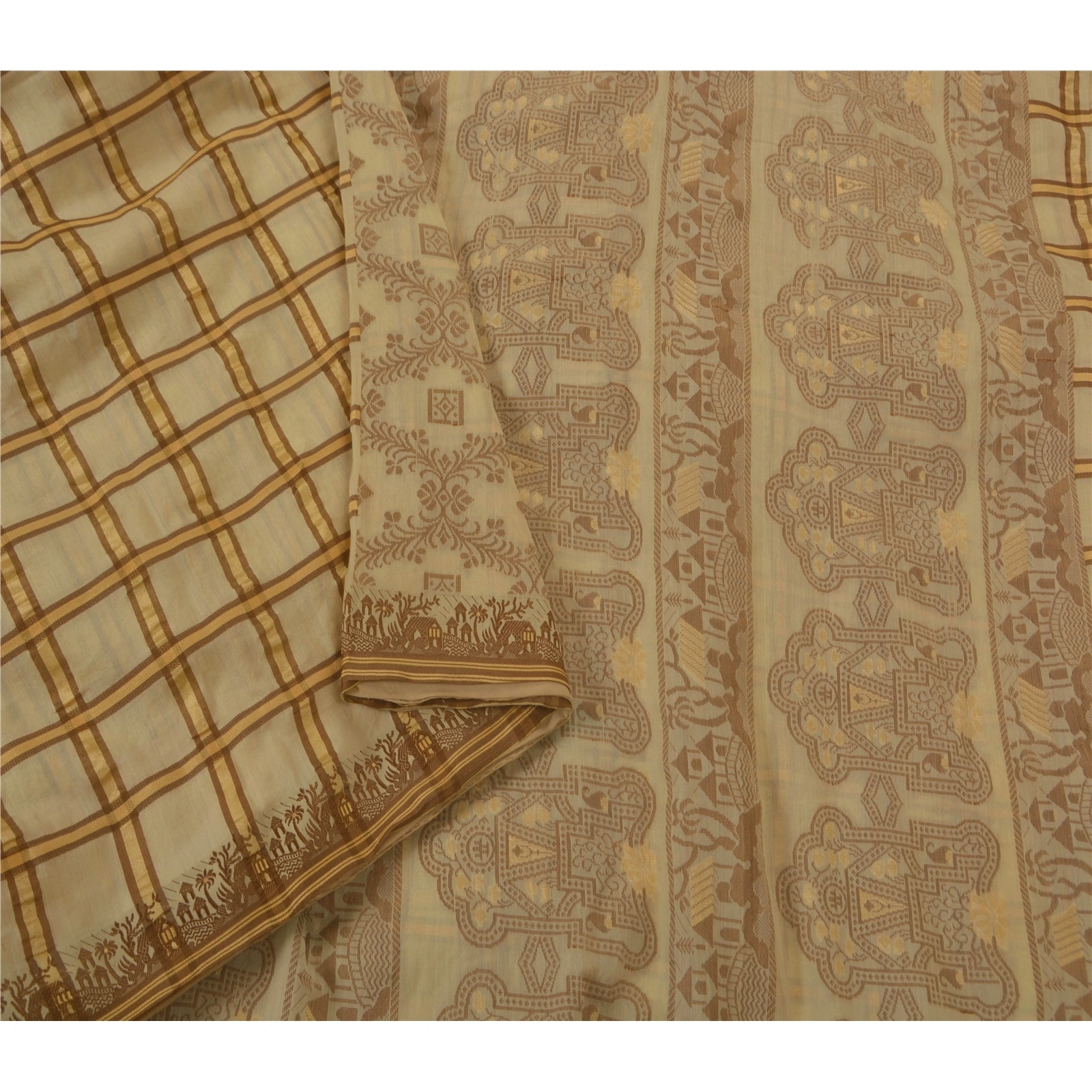 Sanskriti Vintage Cream Sarees Art Silk Woven Craft 5Yd Fabric Premium Soft Sari, PS-52257-Cream-Woven Work-Art Silk-1