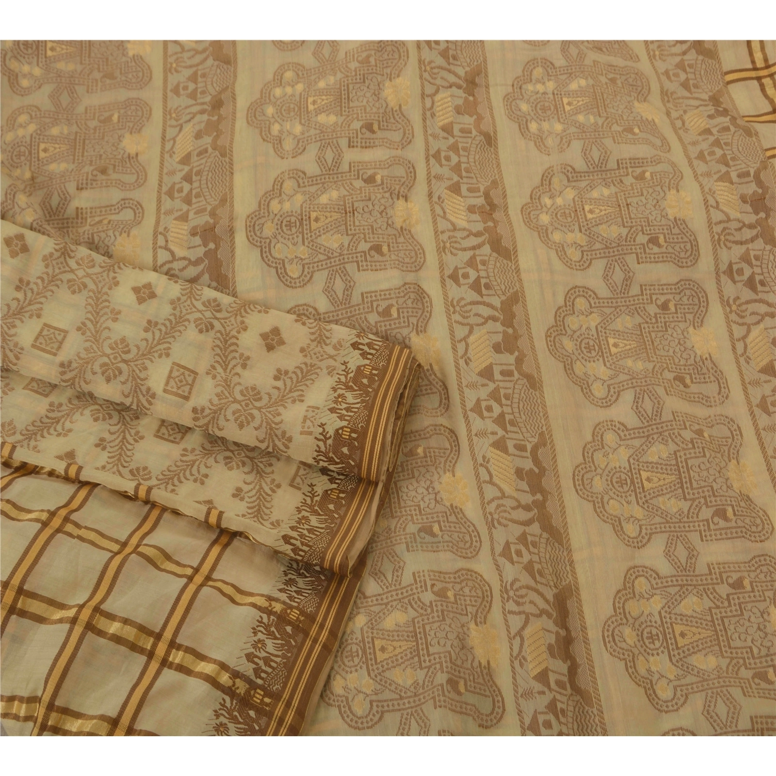 Sanskriti Vintage Cream Sarees Art Silk Woven Craft 5Yd Fabric Premium Soft Sari, PS-52257-Cream-Woven Work-Art Silk-2