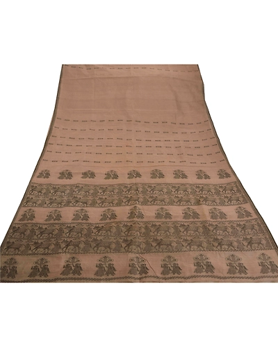 Sanskriti Vintage Brown Sarees Blend Silk Woven Baluchari Craft 5 Yd Fabric Sari, PS-52270-Brown-Woven Work-Blend Silk-7