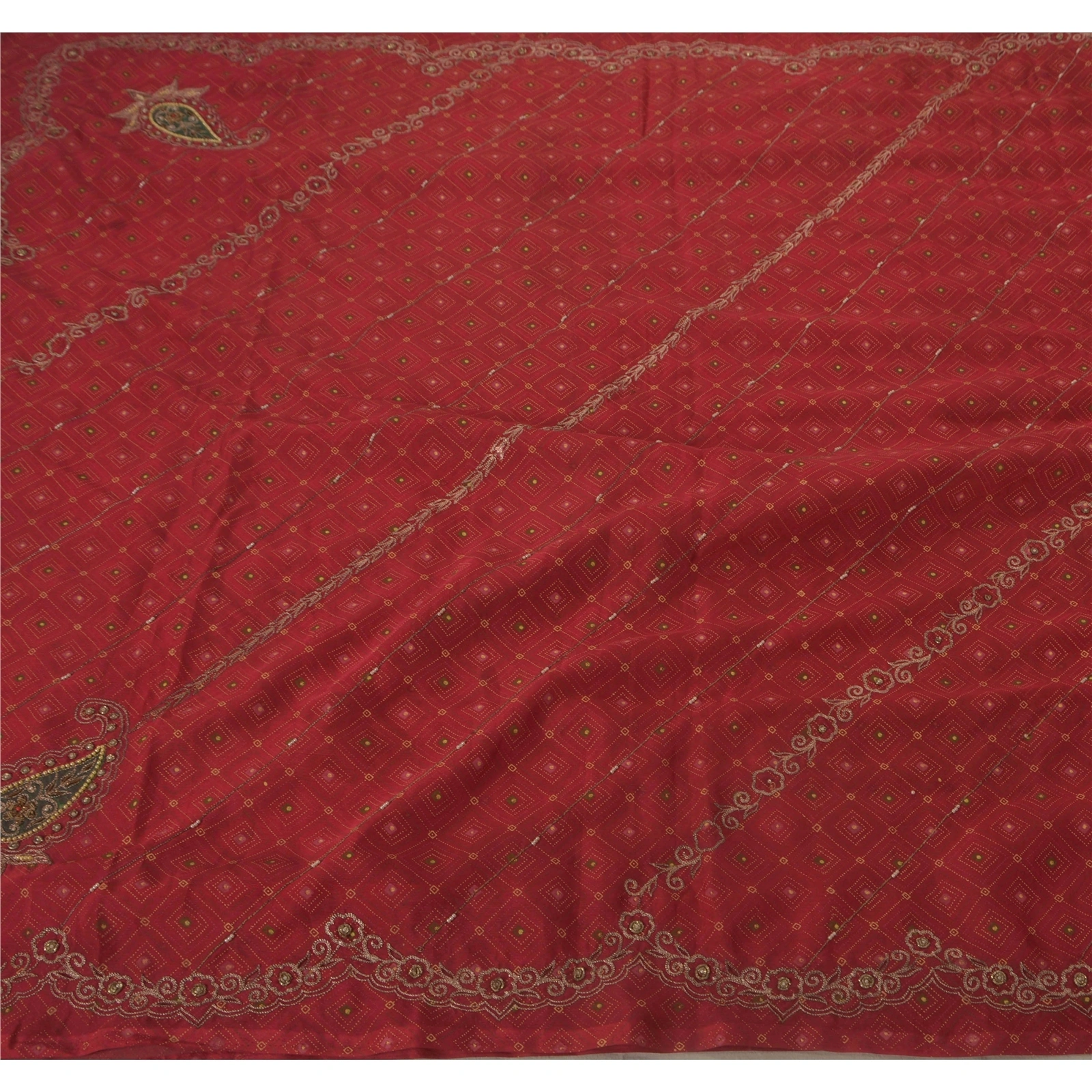 Sanskriti Vintage Red Sarees Art Silk Hand Beaded Craft Fabric Premium Zari Sari, PS-52271-Red-Zari/Zardozi/Dabka Work-Art Silk-5