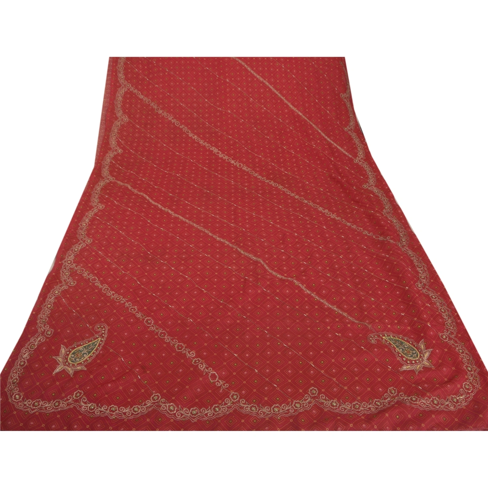 Sanskriti Vintage Red Sarees Art Silk Hand Beaded Craft Fabric Premium Zari Sari, PS-52271-Red-Zari/Zardozi/Dabka Work-Art Silk-7