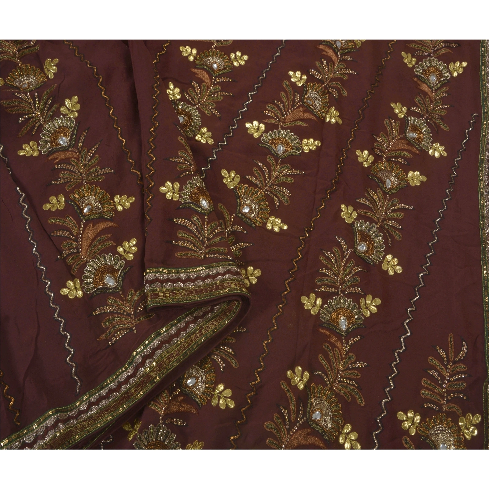 Sanskriti Vintage Coffee Brown Sarees Blend Georgette Fabric Hand Beaded Sari, PS-52276-Coffee Brown-Gota Patti/Dabka Work-Blend Georgette-1