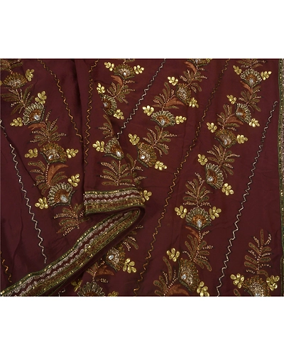 Sanskriti Vintage Coffee Brown Sarees Blend Georgette Fabric Hand Beaded Sari, PS-52276-Coffee Brown-Gota Patti/Dabka Work-Blend Georgette-1