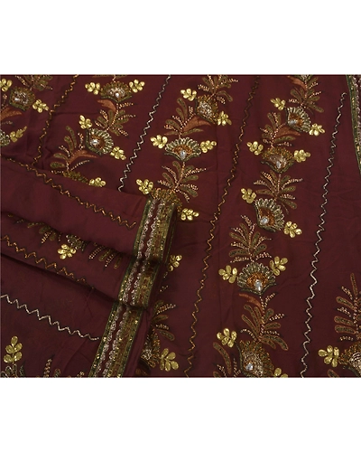 Sanskriti Vintage Coffee Brown Sarees Blend Georgette Fabric Hand Beaded Sari, PS-52276-Coffee Brown-Gota Patti/Dabka Work-Blend Georgette-2