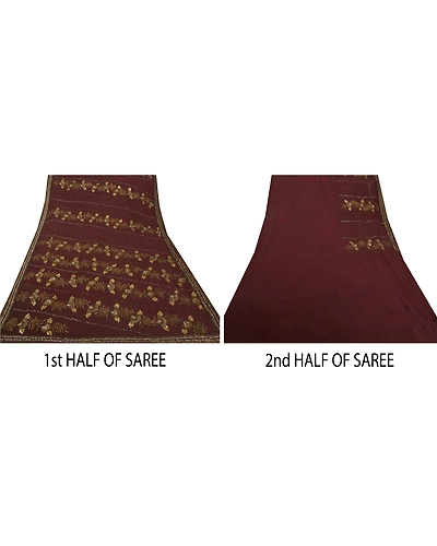 Sanskriti Vintage Coffee Brown Sarees Blend Georgette Fabric Hand Beaded Sari, PS-52276-Coffee Brown-Gota Patti/Dabka Work-Blend Georgette-4