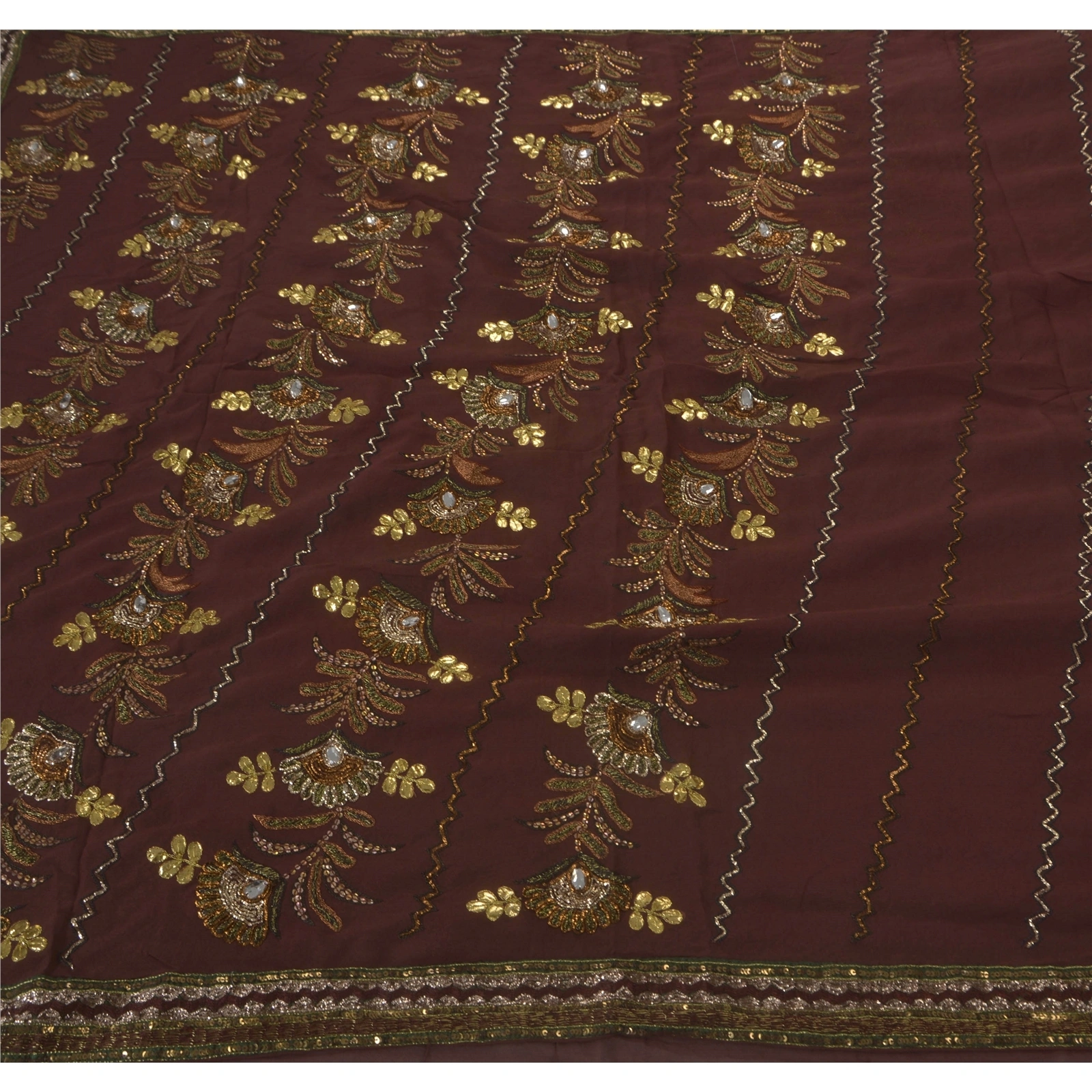 Sanskriti Vintage Coffee Brown Sarees Blend Georgette Fabric Hand Beaded Sari, PS-52276-Coffee Brown-Gota Patti/Dabka Work-Blend Georgette-5