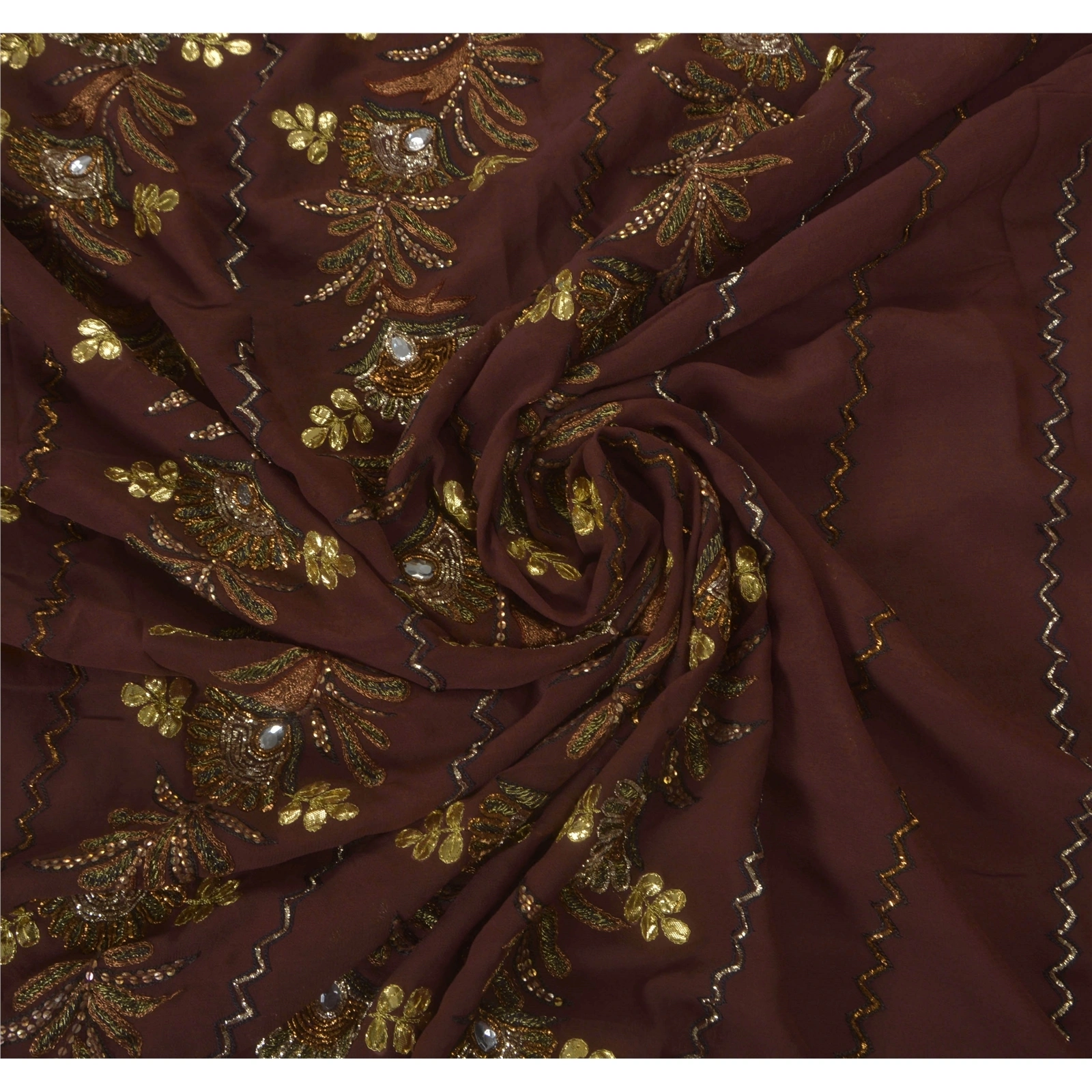 Sanskriti Vintage Coffee Brown Sarees Blend Georgette Fabric Hand Beaded Sari, PS-52276-Coffee Brown-Gota Patti/Dabka Work-Blend Georgette-6